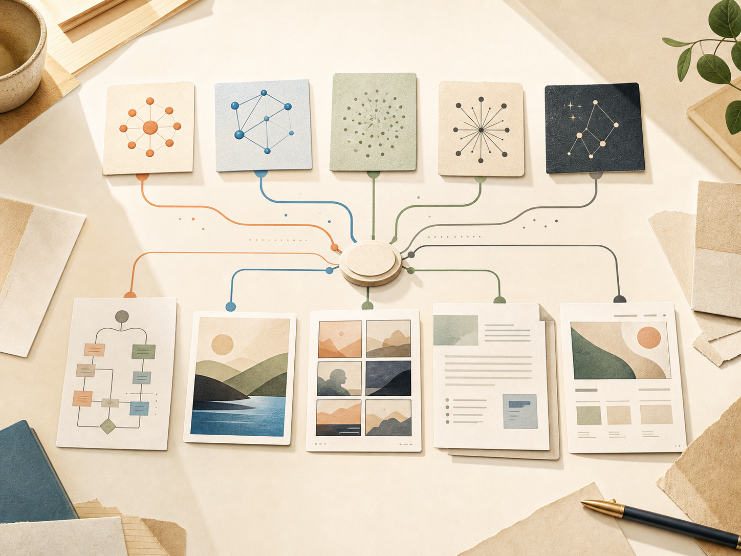Abstract model routing cards feeding diagram, image, video, document, and page work